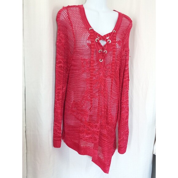 INC  Red  Asymmetric  Open  Knit  Sweater with Lace up Front Size Large - Picture 3 of 5
